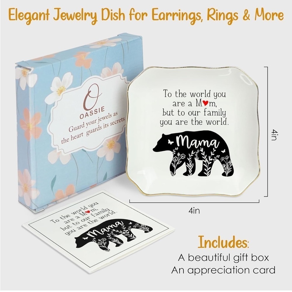 New OASSIE- 4'x4" Mama Bear Ceramic Jewelry Dish Tray Trinket